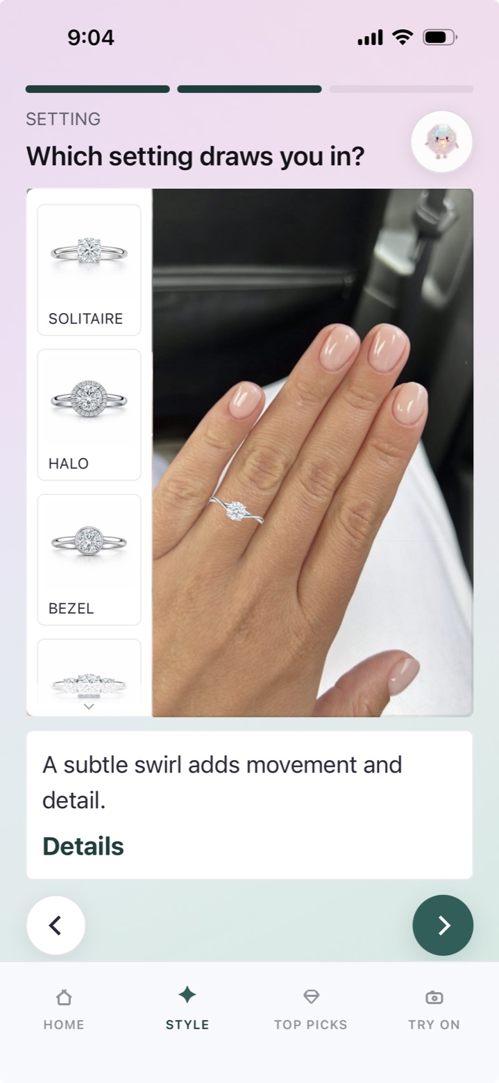 Style Finder prompt screen for choosing engagement ring preferences