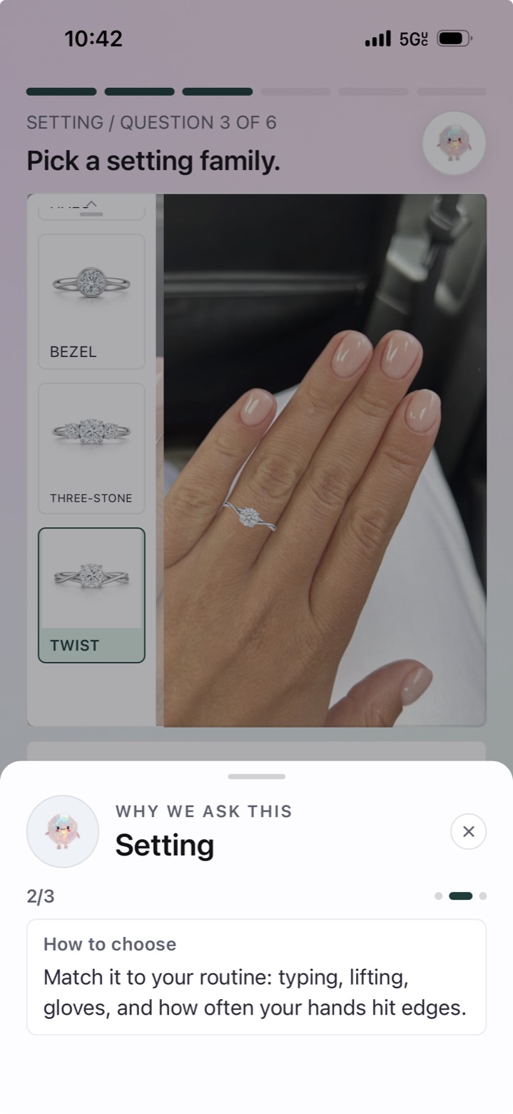 Style Finder setting prompt with educational notes about engagement ring settings