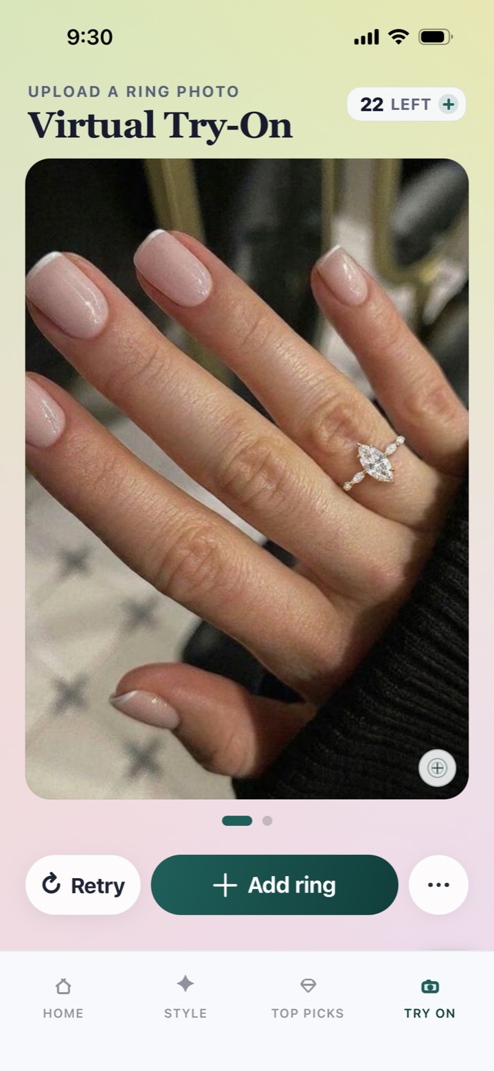 Virtual try-on screen showing an engagement ring preview on a hand