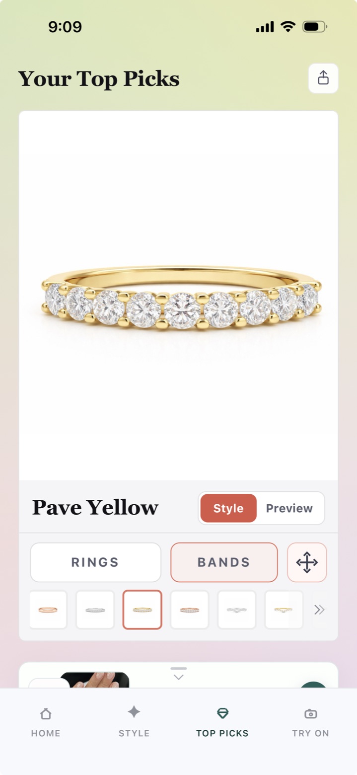 Top Picks Bands screen showing a wedding band preview on a hand