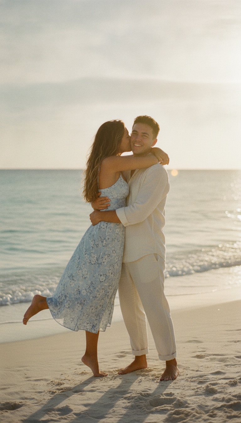 Couple embracing on a beach at golden hour