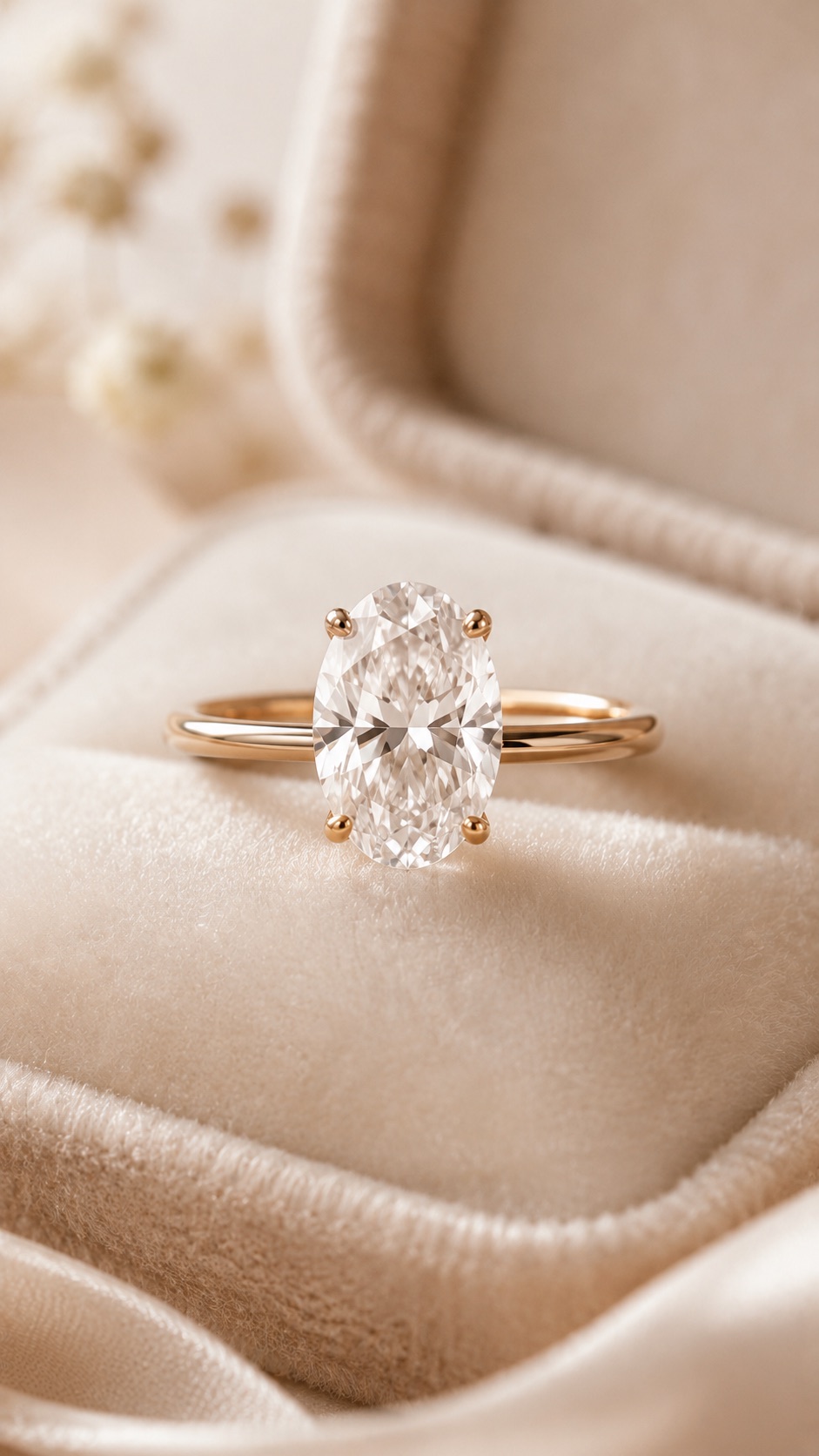Oval solitaire engagement ring on a velvet ring box