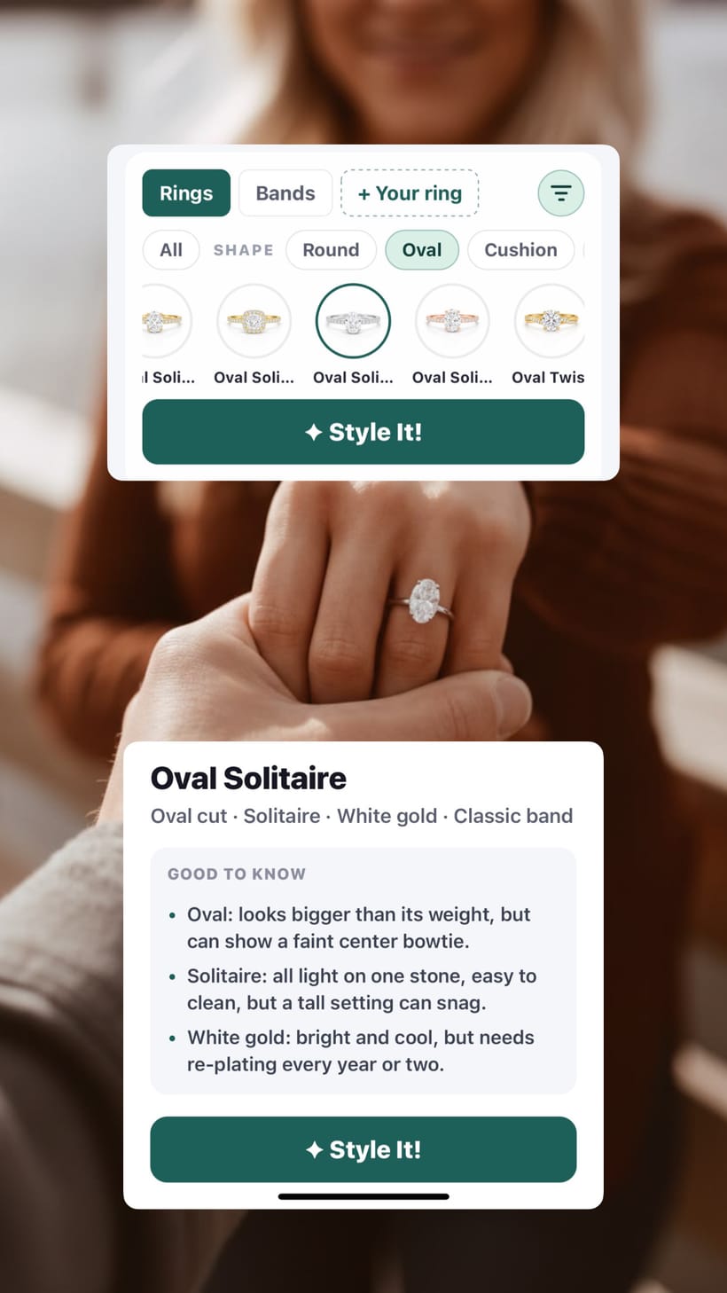 Ring Style Finder app showing oval ring options and the Style It button over an engagement photo