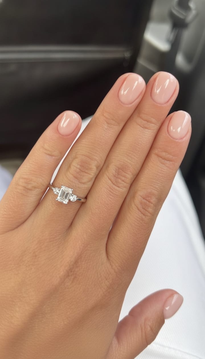 Emerald cut three-stone engagement ring shown on a hand