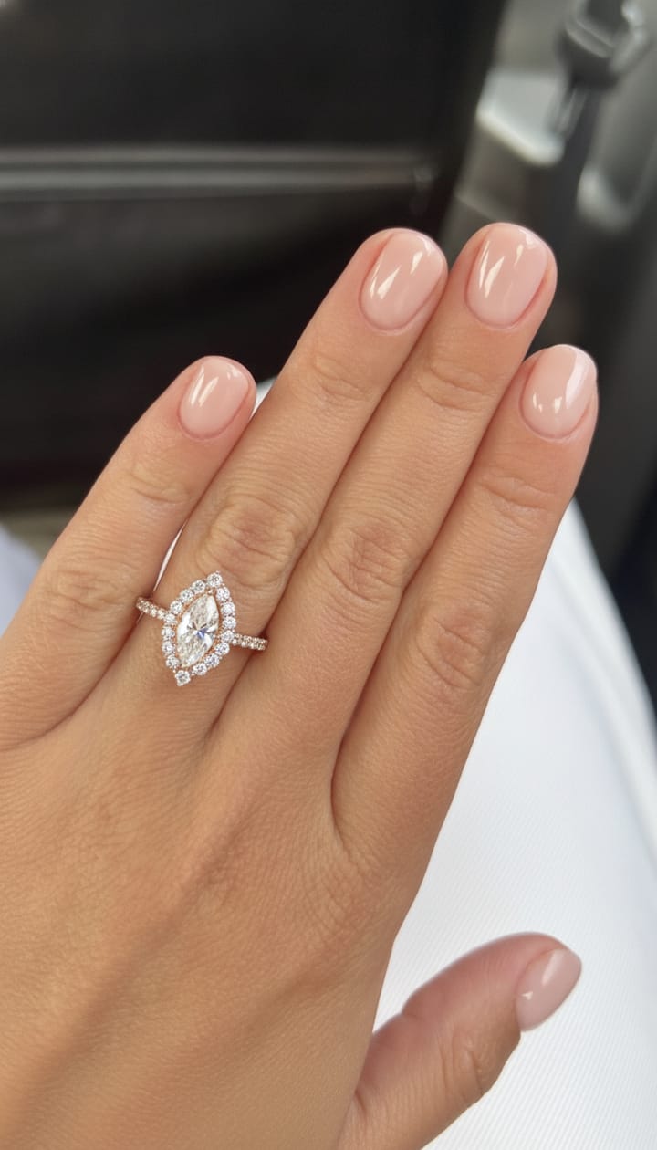 Marquise halo engagement ring in rose gold shown on a hand