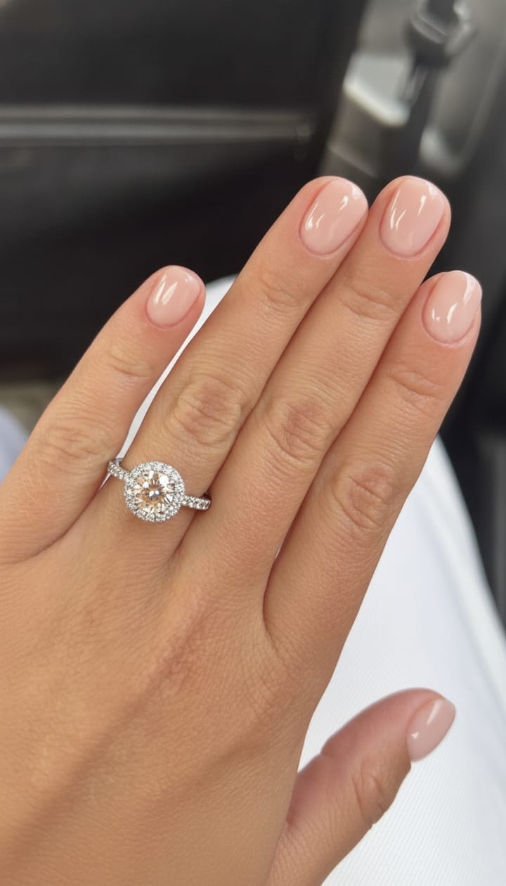 Round halo engagement ring shown on a hand