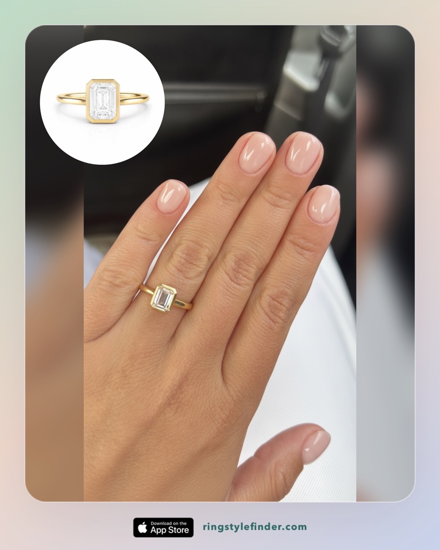 Emerald cut bezel engagement ring in yellow gold shown on the same hand, beside the ring's product photo