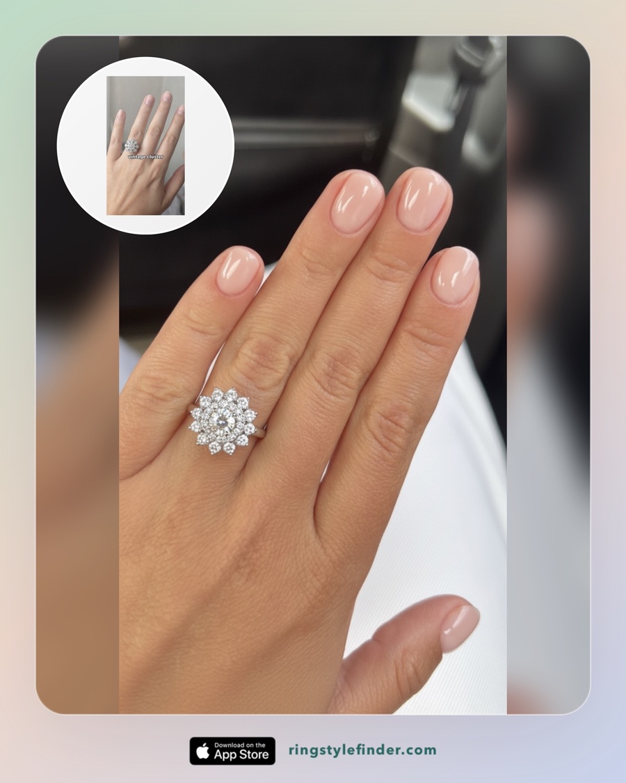 Vintage cluster engagement ring in white gold shown on the same hand, beside the ring's product photo