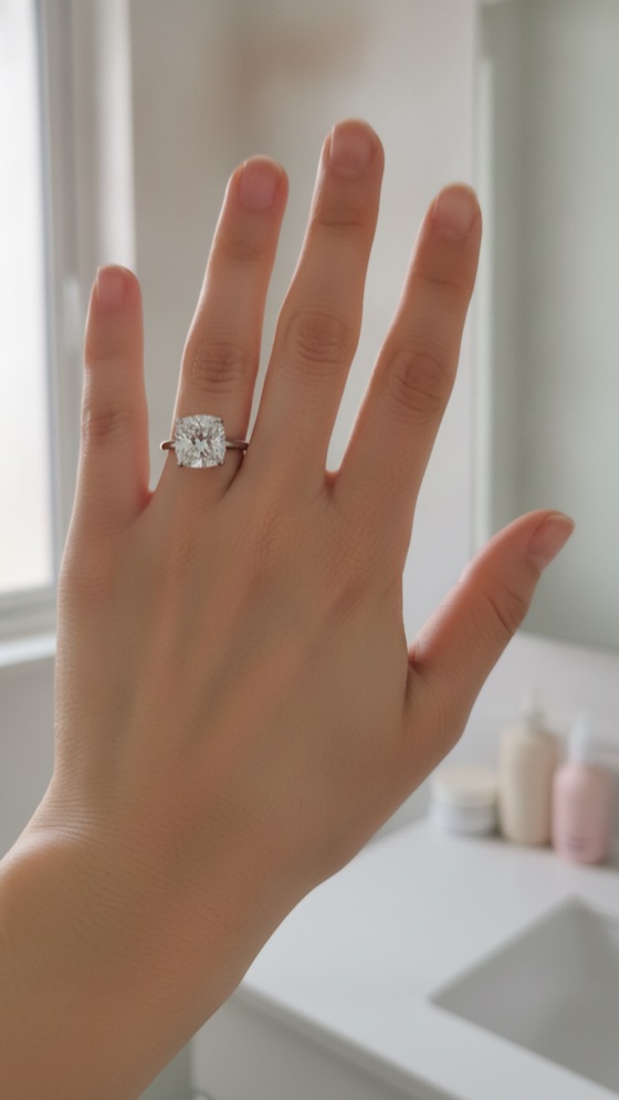 Cushion cut solitaire engagement ring shown on another hand