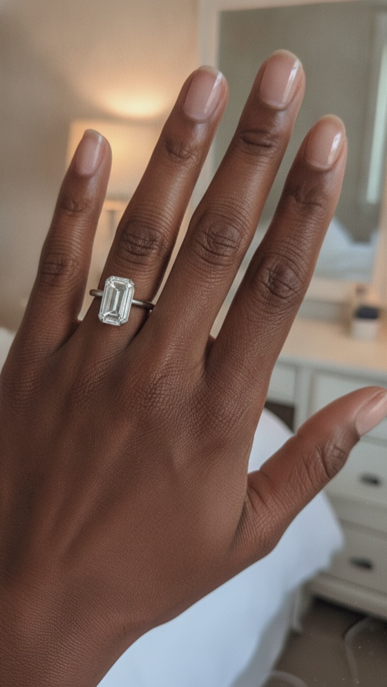 Emerald cut solitaire engagement ring shown on a different hand