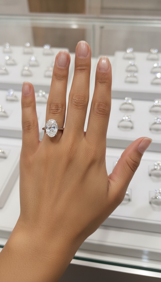 Oval solitaire engagement ring in white gold shown on a hand
