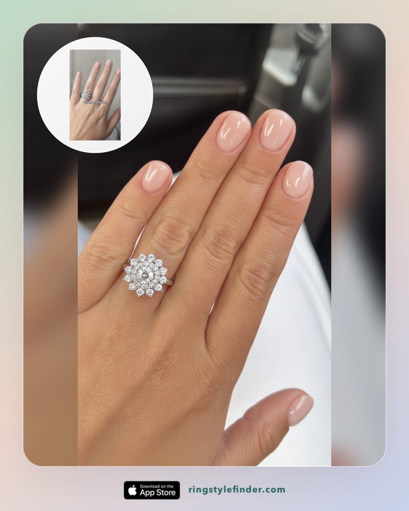 A saved screenshot of a vintage cluster ring next to the AI try-on preview of it on a hand